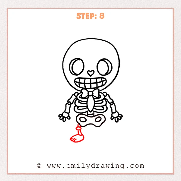 how to draw a cartoon skeleton - The cartoon skeleton now has a left leg with a small round knee joint, a short lower leg, and a rounded foot with three simple toe marks.